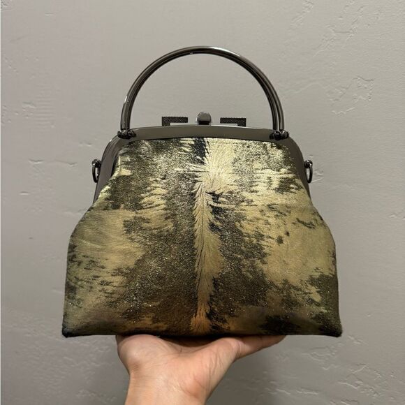 Handmade Gold Metallic Natural Hair-On Calfskin Top Handle Bag/Multi Way Use - Picture 11 of 16